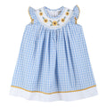 Blue Gingham Sunflower Smocked Bishop Dress