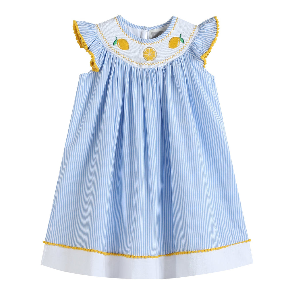 Light Blue Striped Lemon Smocked Bishop Dress