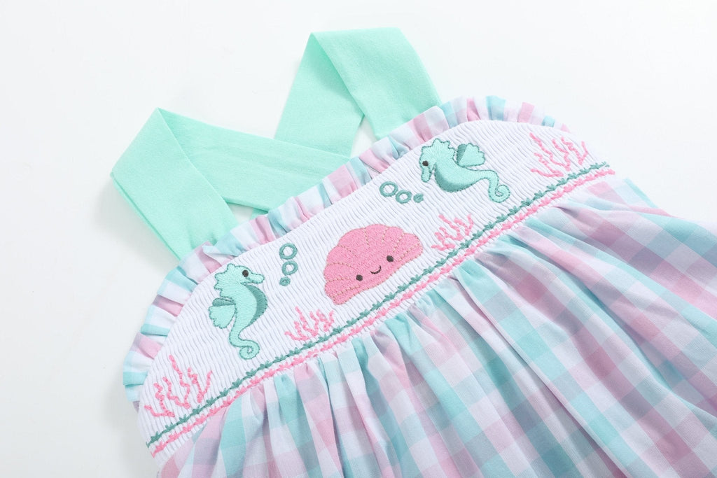 Pink & Aqua Seashell Smocked Sundress