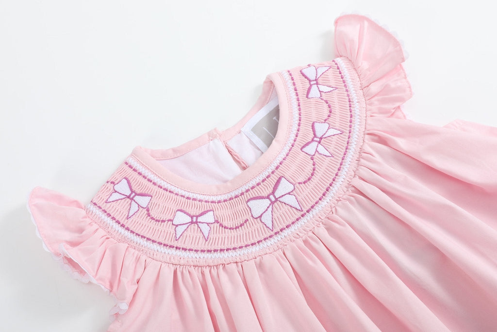 Pink & White Bows Smocked Bishop Dress