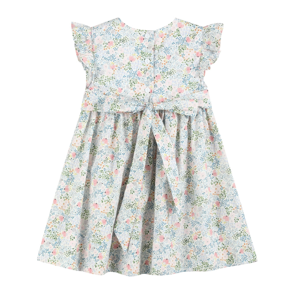 Pink Floral Print Smocked Flutter Dress
