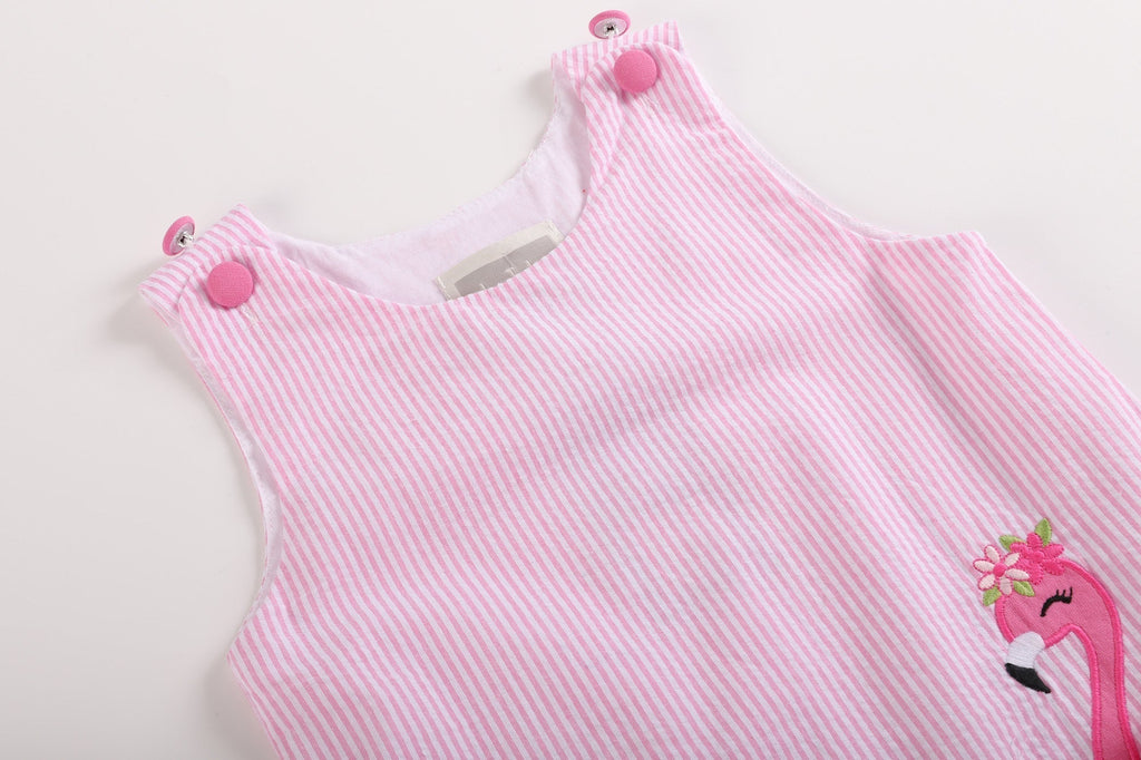 Pink Seersucker Flamingo Ruffle Dress